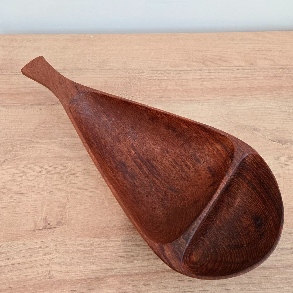 Stig Sandqvist Long 14.5" Teak Divided Wood Bowl Organic Design Marked Sweden SS - Picture 2 of 9